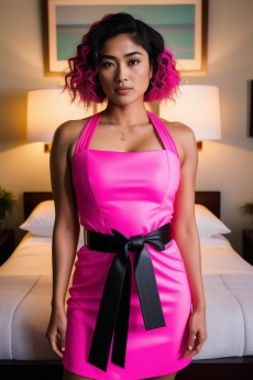 a woman with pink hair and a black dress standing in front of her bed