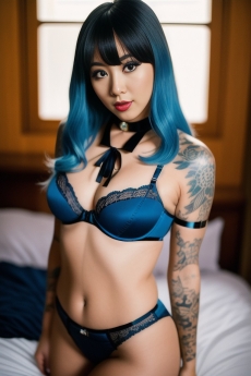 asian woman with blue hair and piercings