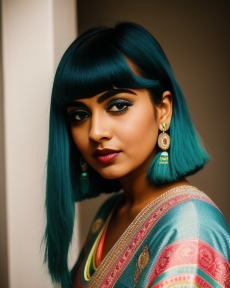 beautiful woman wearing blue hair posing for a photo