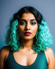 an asian woman with long blue wavy hair and green makeup